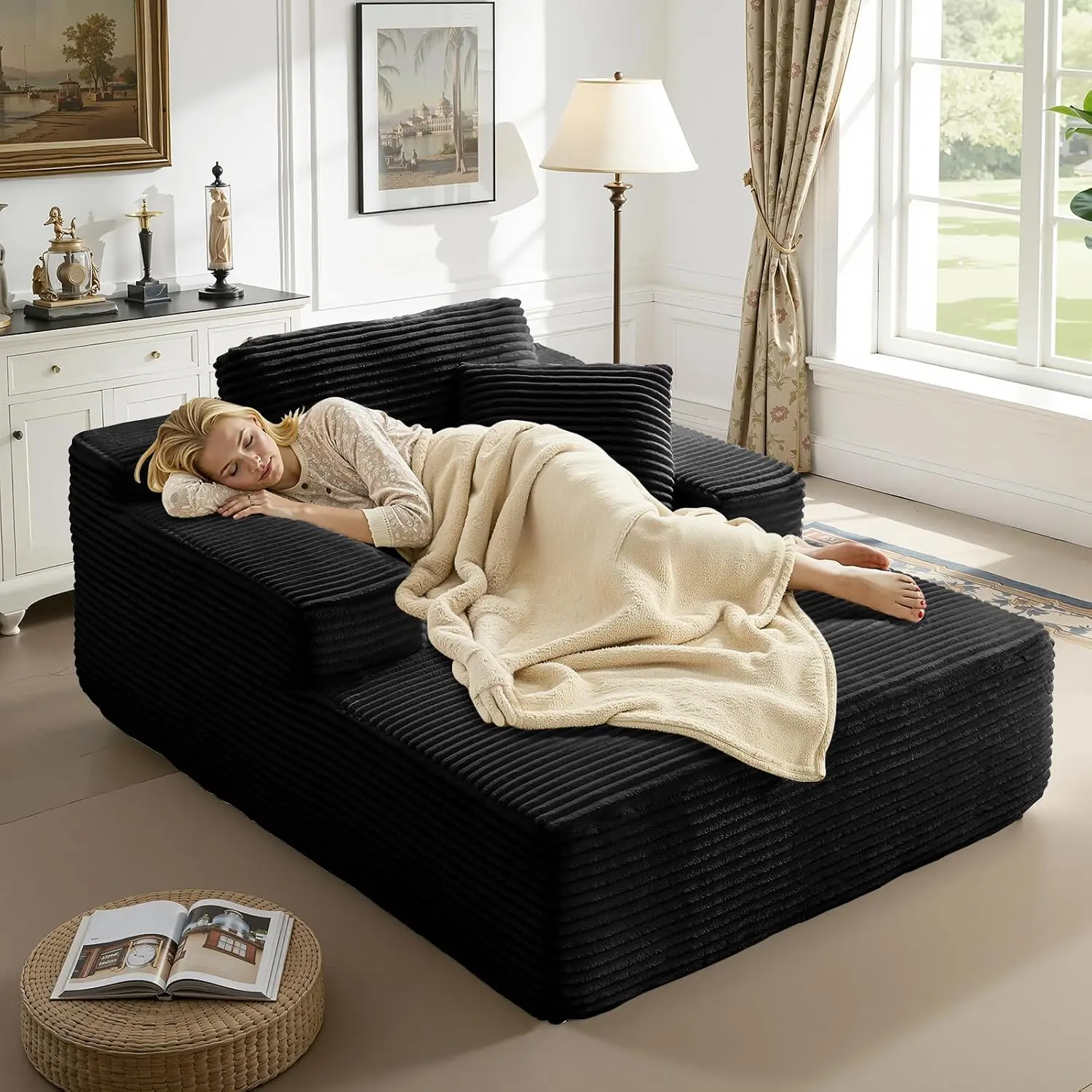 67-Inch Oversized Modular Indoor Chaise Lounge - Boneless Design, Plush Corduroy Upholstered Modern Cloud Lazy Sofa Bed, Deep Seat Convertible Sleeper, Couch floor for Bedroom, Reading Chair for Living Room