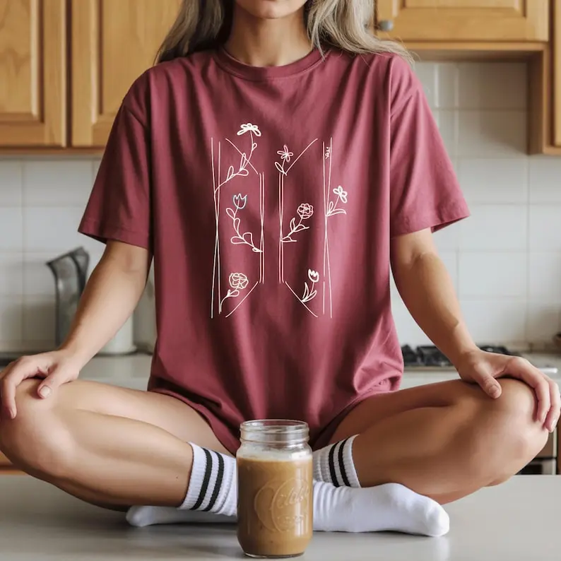 Floral Initial Monogram T-Shirt  Kpop Wildflower Line Art Top