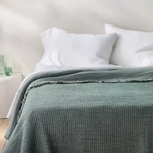 Full/Queen Reversible Textured Cotton Chambray Coverlet Dark Teal Blue - Casaluna: Midweight, Jacquard Weave, OEKO-TEX Certified