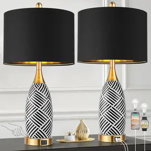 25.5" Touch Control Black and Gold Lamp,3-Way Dimmable Modern Ceramic Table Lamps with USB & Type-C Ports,Classic Black/White Striped Bedside Lamps for Bedroom Living Room Office(Bulbs Included)