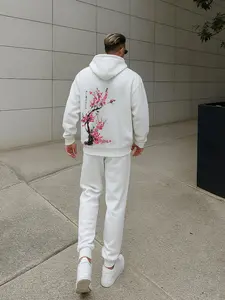 2 Piece Set Men's College Style Sweatpants with Hoodie for Men Casual Japanese cherry blossom print  Long Sleeve Sport Workout Jogging Fashion Outfits Suit Tracksuit Outfit