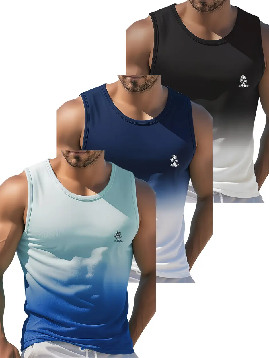 MTTYYD Men's 3-Pack Gradient Palm Digital Print Tank Tops, Lightweight Moisture-wicking Polyester Athletic Slim Fit for Summer Beach & Gym, Moisture-Wick, Machine Wash, Short Torso Outfits