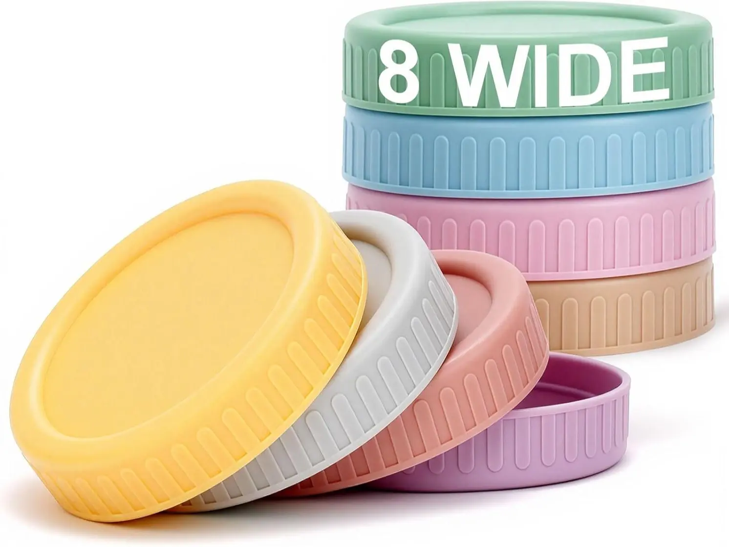 8PCS Wide Mouth Mason Jar Lids, Plastic Mason Jar Canning Lids Tops, Reusable Leak Proof Canning Covers with Silicone Rings for Ball, Kerr and More, Dishwasher Safe