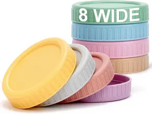 8PCS Wide Mouth Mason Jar Lids, Plastic Mason Jar Canning Lids Tops, Reusable Leak Proof Canning Covers with Silicone Rings for Ball, Kerr and More, Dishwasher Safe
