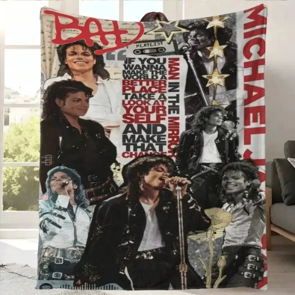 Michael Jackson Retro Collage Flannel Blanket - Soft, Breathable, Wrinkle-Resistant, Durable Fabric, Intricate Music-Themed Artwork, Black-Red Aesthetic, Machine-Washable Throw for Music Fans, Bed & Sofa Use Gift