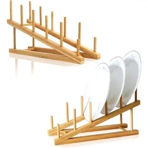 2 PCS Bamboo Wooden Dish Drying Rack Set – Kitchen Cabinet Organizer, Pot Lid Holder for Dishes, Plates, Bowls, Cups & Cutting Boards