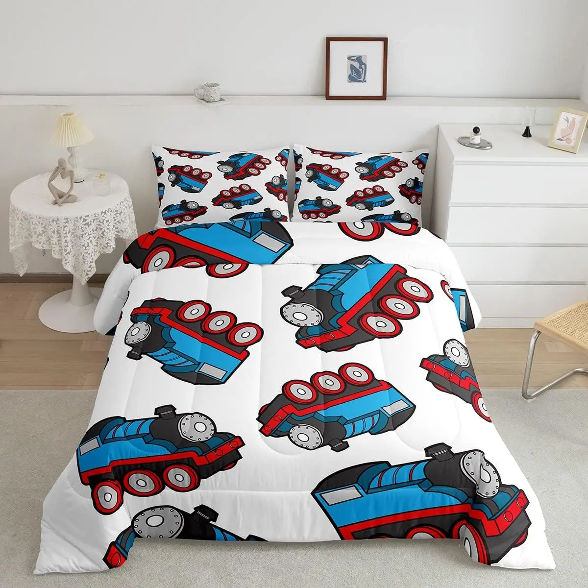 Feelyou Full Breathable Microfiber Bedding Set - Twin/Toddler/RV Sizes, 3D Digital Print Train & Cartoon Cars, Red-Blue Construction Theme, Soft Texture Washable Cover Artistic Cartoon Duvets & Sets for Unique Decor, Whimsical Bedding Sets, Cartoon Patter