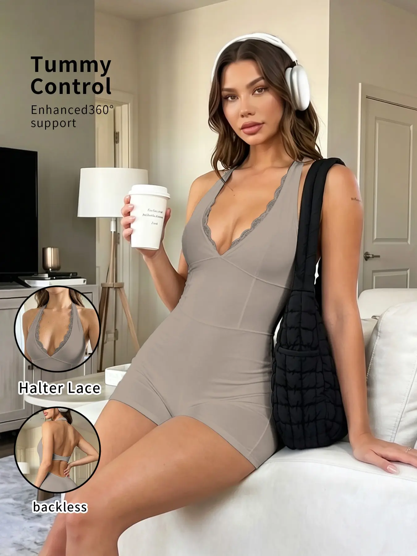 Women's Lace V-Neck Jumpsuit, Detachable Pads, Sexy Back, Open Back Jumpsuit, High-Waisted Shorts, Quick-Dry Sportswear, Ideal for Gym & Home Comfort, Athletic Jumpsuit