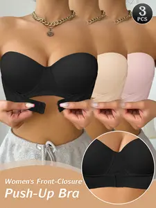 3-Piece Women's seamless Elegant push-up strapless bra with underwire support, front closure, and comfortable everyday wear.