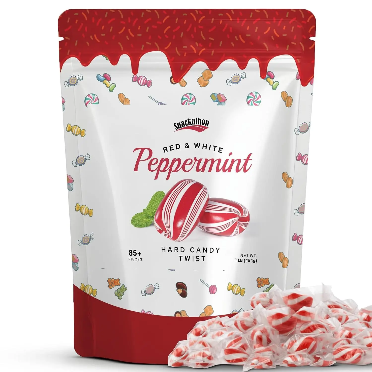 Snackathon Cylinder-Shaped Twists Hard Candy, Bulk Individually Wrapped, Classic Red & White Peppermint Twists, 1 Pound