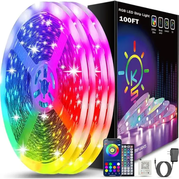 100ft RGB LED Strip Lights (2 Rolls of 50ft) - Bluetooth Smart App Control, Music Sync, Color Changing, Remote Included, LED Lights Bedroom for Home Decor, Party