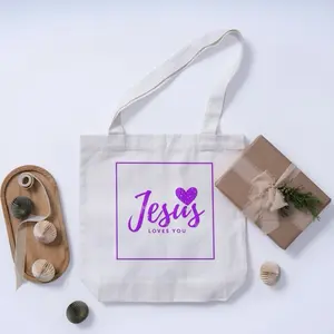 Quotes Tote Bags - White Canvas Bag with "Jesus Loves You" Purple Text Design