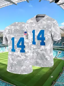 Men's Embroidered Football Jersey,#14 Stitched Detroit Rugby Jersey,V-Neck Loose Fit Short Sleeve Top, Athletic Tops, Casual All Season Wear, Breathable & Comfortable Design, Ideal for Training and Competition,Casual Wear, Sport Jersey