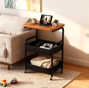 A Three-Level Rolling Cart Featuring a Desktop, Metal Tools, And a Snack Storage Rack. It Has a Sturdy Steel Frame And Portable Wheels, Making It Ideal for Home Or Office Use. This Versatile Metal Storage Trolley Serves Multiple Functions