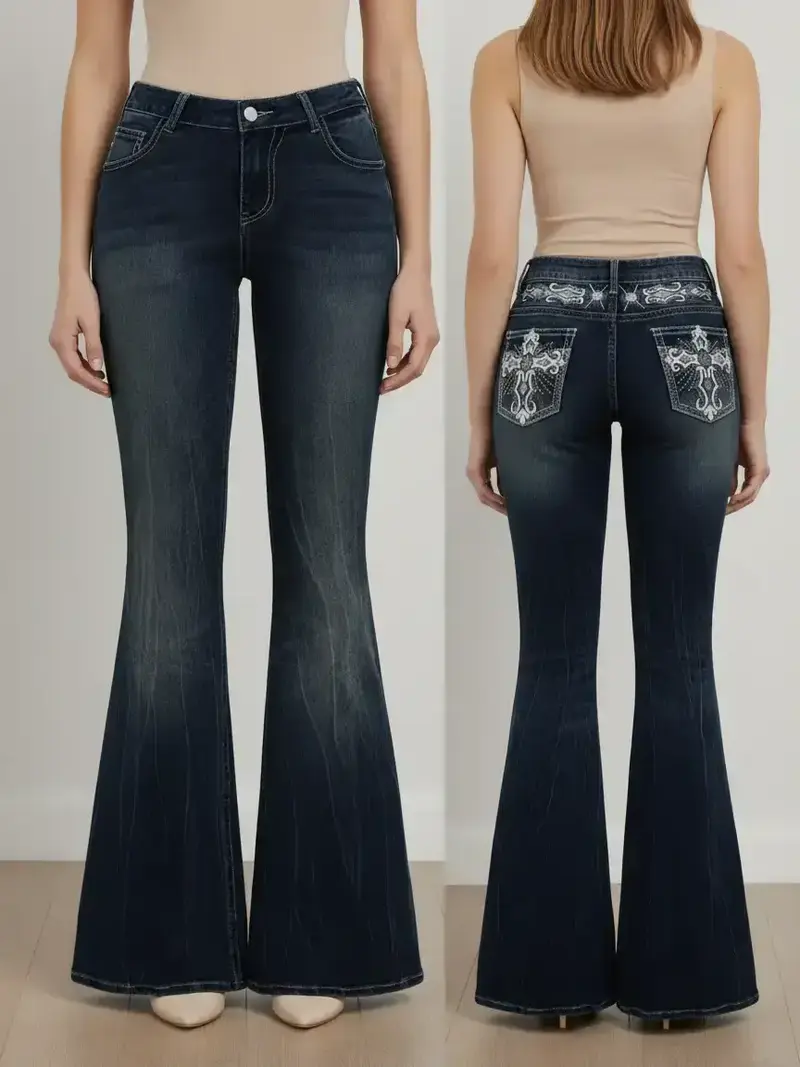 Women's Elegant High Waist Stretch Denim Flare Pants, Back Pocket Embroidered Rhinestone Decor, Fashionable Casual Jeans