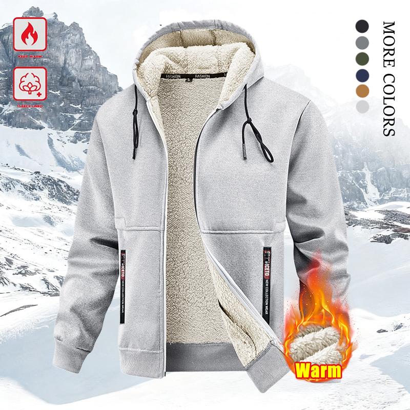 Men's Winter Fleece Hoodie – Thick, warm jacket with an adjustable drawstring hood, ribbed cuffs, and zippered front; perfect for outdoor hikes, jogging, fishing, gym workouts, or casual wear; fleece lining provides wind protection