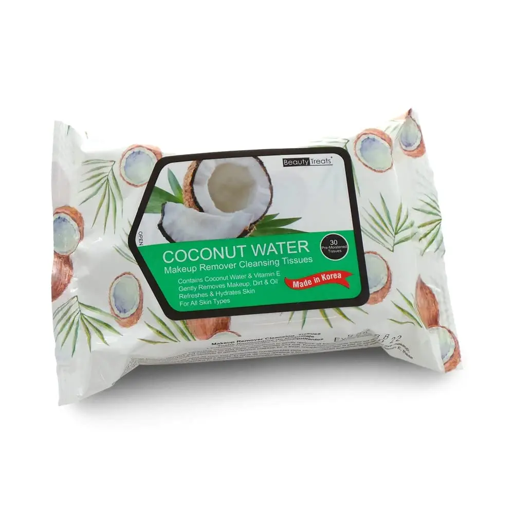 BEAUTY TREATS Coconut Water Moisturizing Makeup Remover Cleanser Tissues, Gentle Facial Wipes for Quick Makeup Removal
