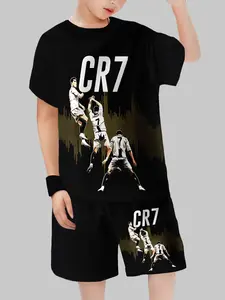 Boys' Fashion 3D Print Casual Athletic Hoodie Short Sleeve Shorts Set, Outdoor Sportswear, Comfortable Summer for Boys