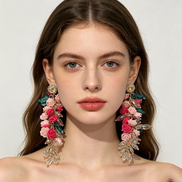 ANDKISS Pink Crystal Floral Tassel Statement Earrings — A High-End, Chic Design. Instantly "Instagrammable" and Perfect for Travel Photoshoots & Sightseeing Check-Ins. The Ultimate Gift Choice for Your Girlfriend or Best Friend.