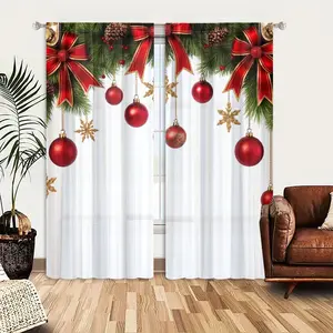 2D Flat 2Pcs Christmas Ball Curtains Red Bow Pine Cone Pattern Semi Sheer Holiday Theme Rod Pocket Design Polyester Fabric Suitable for Living Room Bedroom Kitchen Balcony Window Decor Xmas