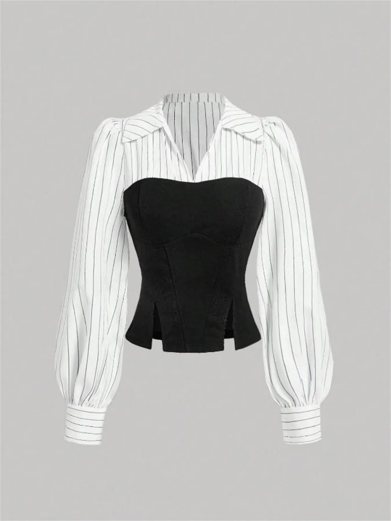A ladies' striped patchwork black Woven Fabric fitted Slit puff-sleeved halter-neck blouse shirt, elegant chic feminine for daily wear and versatile for any occasion. Tops
