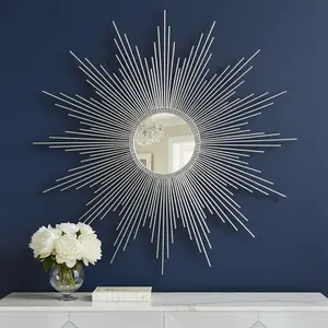 HomeRoots 636065 32 in. Silver Metal Sunburst Geometric Framed Accent Mirror