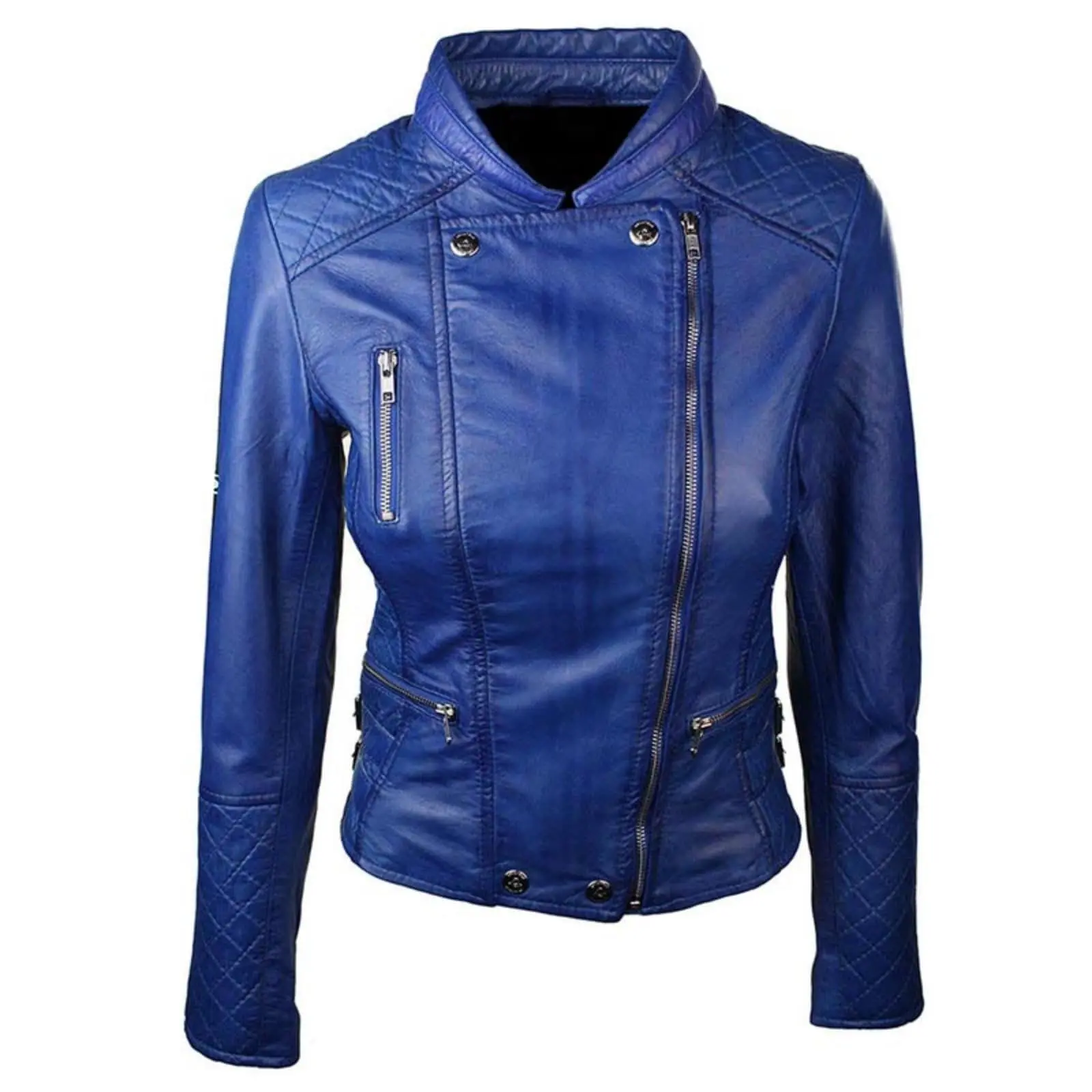 Women's Slim Fit Diamond Quilted Leather Biker Jacket Blue