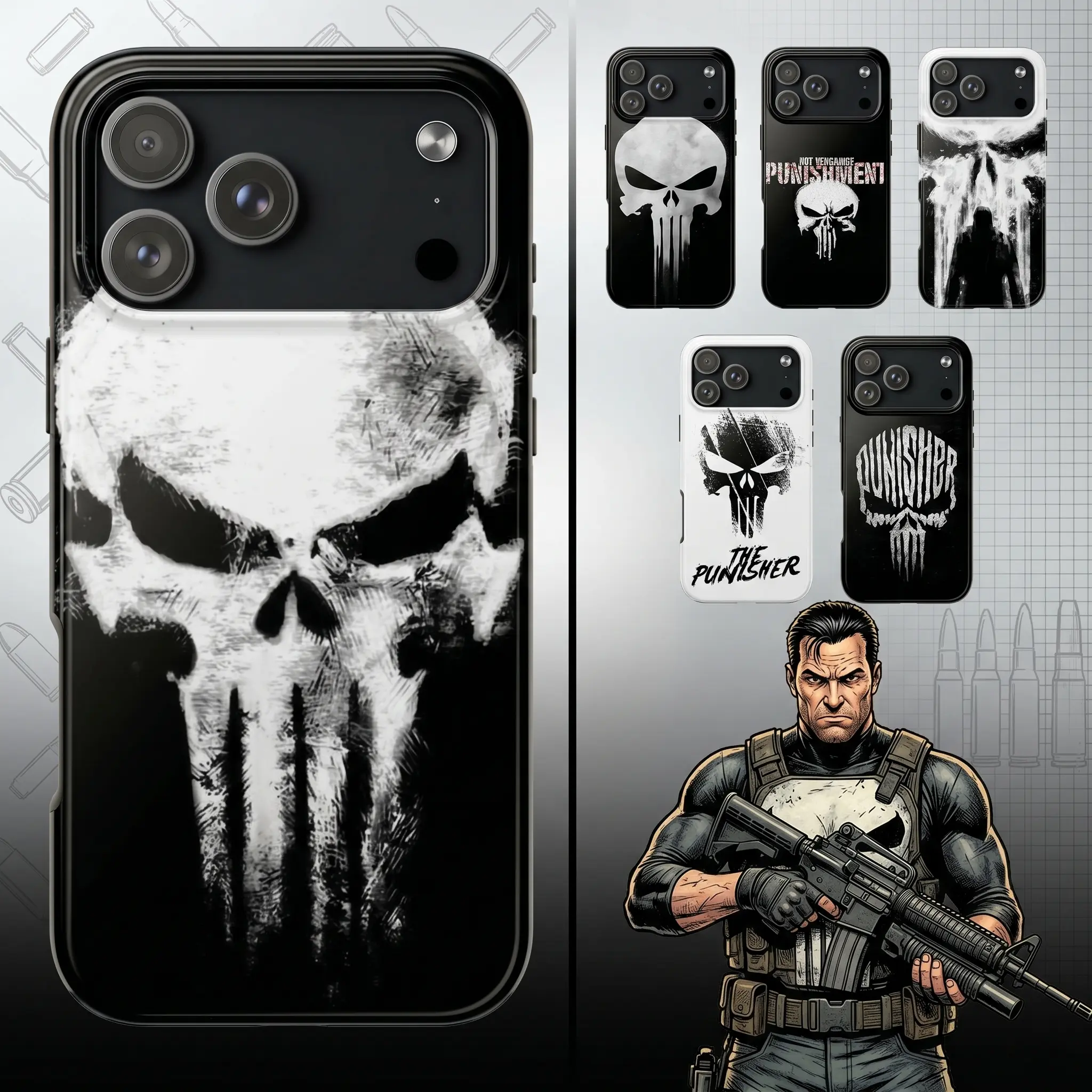 Punchnisher No Mercy Edition Glossy Tough Phone Case 11 to 17 series S23 to S25 - Grunge Skull Symbol Artwork - Black White Warrior Protect Phone Case Gift for Graphic Novel Lovers Cases For 11 12 12Pro 12 Promax 13 14 15 16 17Pro