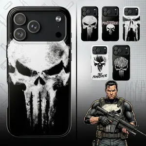 Punchnisher No Mercy Edition Glossy Tough Phone Case 11 to 17 series S23 to S25 - Grunge Skull Symbol Artwork - Black White Warrior Protect Phone Case Gift for Graphic Novel Lovers Cases For 11 12 12Pro 12 Promax 13 14 15 16 17Pro
