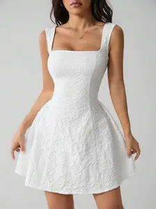 Women's Sleeveless Solid Color White Summer Midi Dress, Simple Casual For Everyday Wear