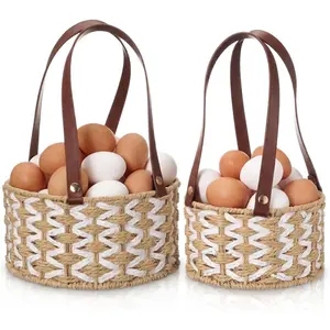 2 Size Egg Collecting Baskets with Handle for Collecting Chicken  Eggs Farmhouse Wicker Basket  Countertop Fruit Holder Detachable Faux Leather Handle for Storage Harvest Kitchen