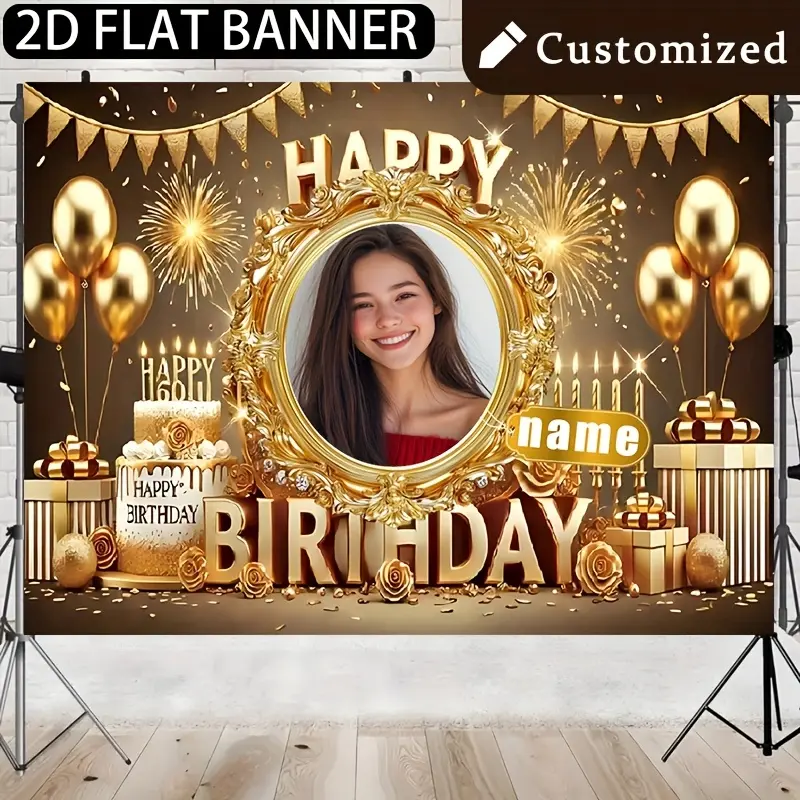Personalized Golden Themed Birthday Poster - 1-Piece 2D Flat Vinyl Inkjet Printing Banner, Customizable Names & Photos, Elegant Golden Balloons & Pyrotechnic Design, Multi-Size Polyester Backdrop, Birthday Girl Home/Festive Party Supply,summerwins