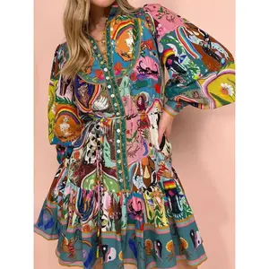 Vintage Floral Print Pleated Dress with Ruffled Hem, Tie-Waist Design, Elegant Round Neck for Summer & Spring Fashion