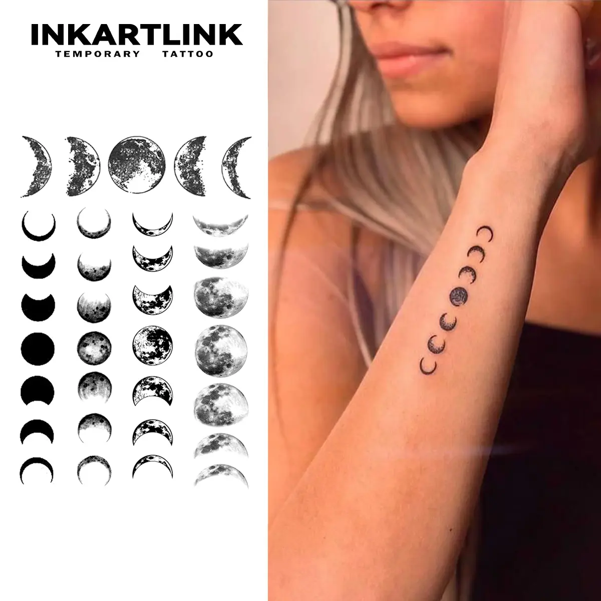 INKARTLINK Nocturne Gleam Series Semi-Permanent Tattoos, 2-Piece Waterproof Minimalist Tattoo Art Stickers for All Skin Types, Simple, None, Single Item, Shiny Temporary Tattoos