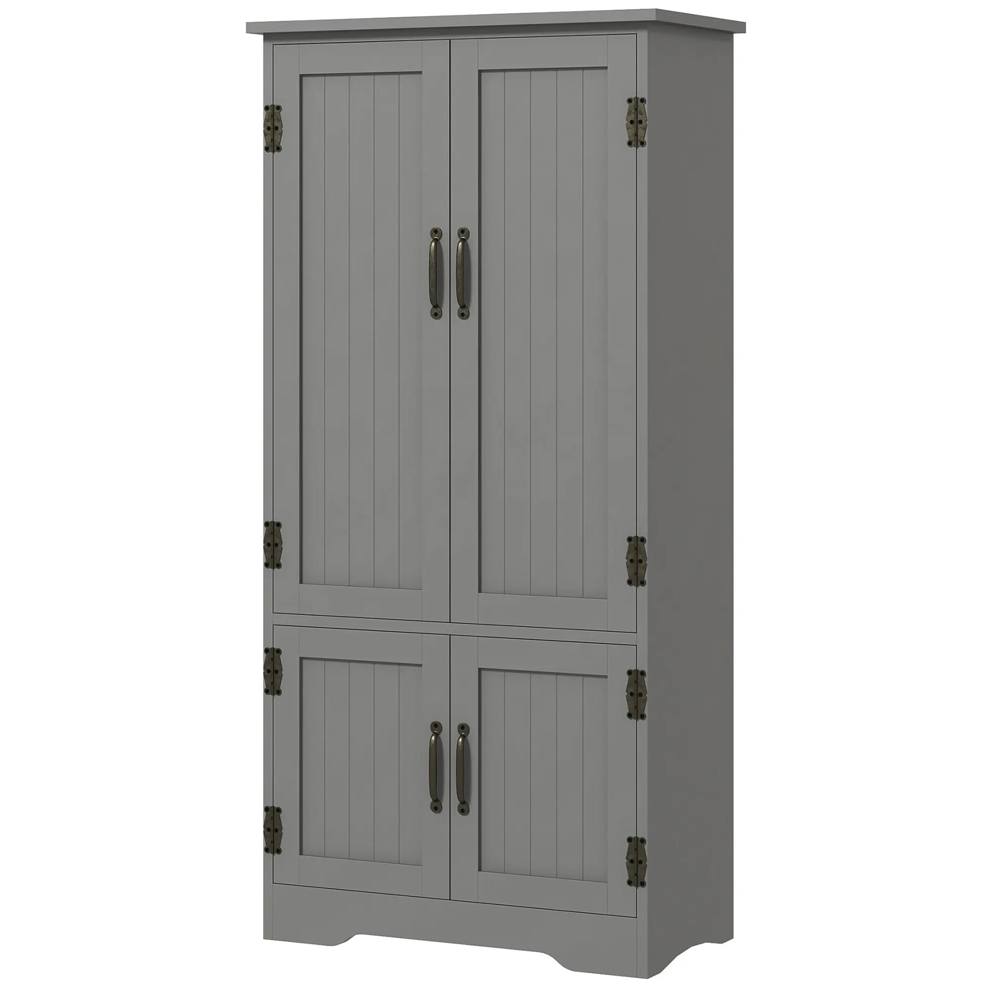 Gray 48.5 Inch Farmhouse Accent Floor Storage Cabinet Beadboard Door Design with Black Metal Handles Upper & Lower Double Cabinets 2 Adjustable Removable Inner Shelves Total Load 110 Lbs Freestanding Pantry for Multi-Room Storage