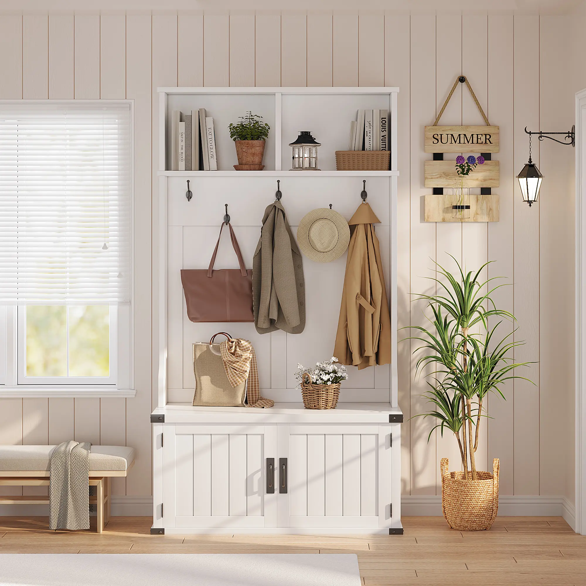 3-in-1 Multifunctional Entryway Hall Tree - Entryway Furniture, Space-Saving Storage Bench with Shoe Organizer, 5 Double Tri-Hooks, Adjustable Shelf, Metal Corner Protectors, Durable Wood Unit, Wipe Clean with a Soft, Damp Cloth, Assembly Required (White)