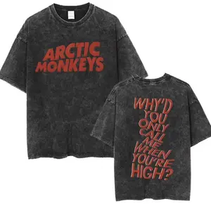 Premium DTG Digital Printing Unisex Vintage Washed Arctic Monkeys Why'd You Only Call Me When You're High Double-Sided Graphic T-Shirt Indie Rock Band Oversized Cotton Tee for Men & Women Menswear Top - Streetwear, Casual