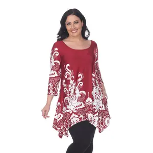 212 MAIN Women's Comfortable Red Print Blouse - PS1301-06-5XL Yanette Long Tunic Top with Pockets, Size 5X, Women's Clothes, Shirts, Lady