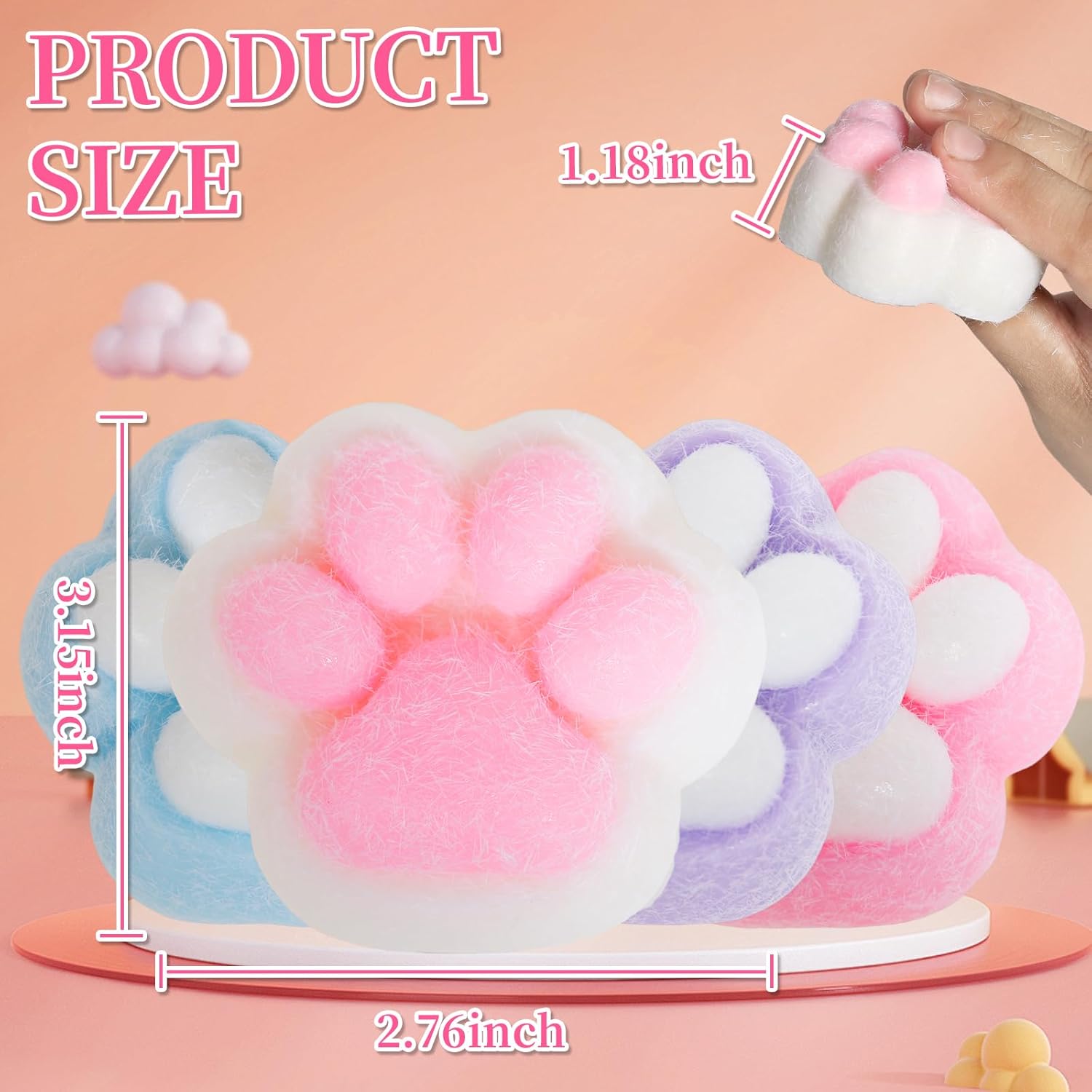 3PCS Cat Paw Squishy Toys – Large 3.15in Kawaii Fidget Squishies for Kids & Adults, Soft Sticky Squeeze Fur Ball Stress Relief Toy, Funny Jelly Novelty
