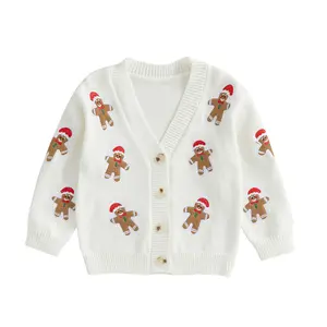 Ma&Baby Toddler Baby Boy Girl Christmas Knit Cardigan Gingerbread Man Embroidery V-Neck Long Sleeve Button Down Sweater