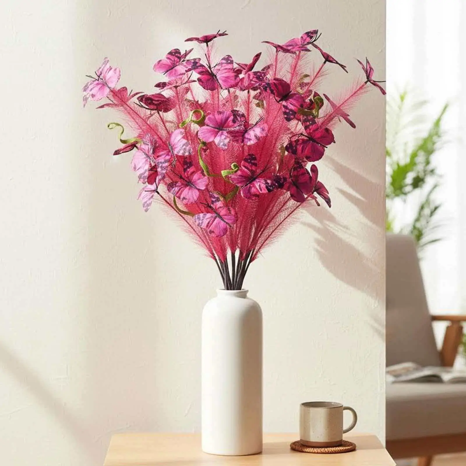 5pcs Realistic Butterfly Reed Flower Arrangement, Home Decor Forest Decoration, Plastic Fake Greenery Camping Ornament, Decorative Flowers