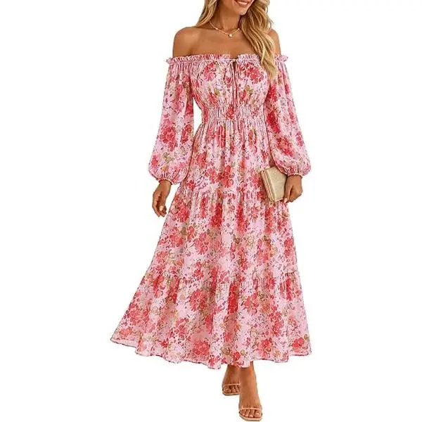 ZESICA Women's 2026 Fall Long Sleeve Floral Print Off-Shoulder Chiffon Maxi Dress - A-Line, High-Waisted, Flowy, Side Pockets, Dress for Wedding Guest