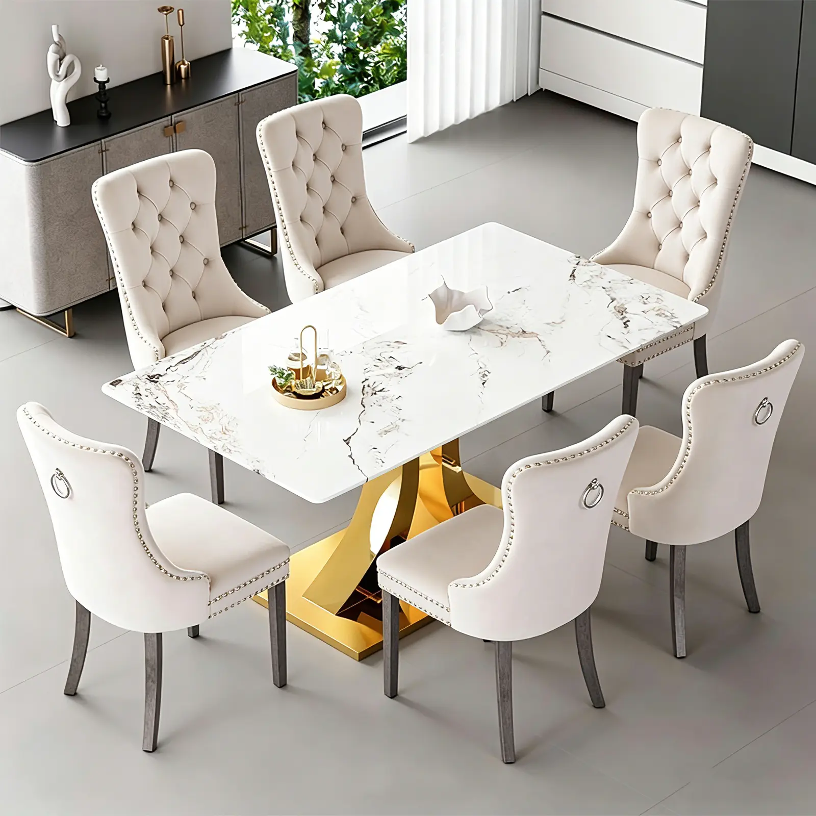 1 Table+6 Beige Solid Wood Leg Chairs