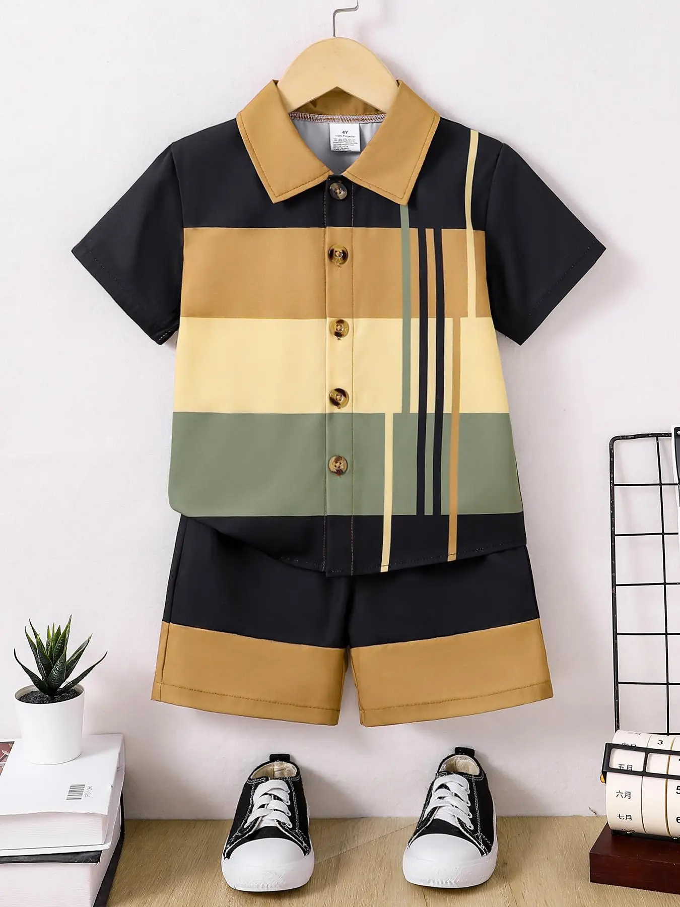 Two-piece Set Boy's Striped Print Short Sleeve Top & Elastic Waist Shorts, Casual Summer Clothes for Kids, Kids Clothing for Daily Wear