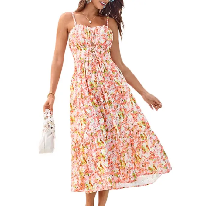 Grace Karin Women's Bohemian Breezy 98% Poly Imported Curve-Hug Smock Midi Sundress - Adjustable Spaghetti Straps, Shirred, Hollowed-Out Waist, Pockets, Plus Size, Breathable for Hot Days, Cruise Outfits