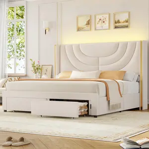 Upholstered LED Bed Frame with Storage Drawers, Wingback Splicing Headboard, Solid Wooden Slats Support, No Box Spring or Mattress Needed