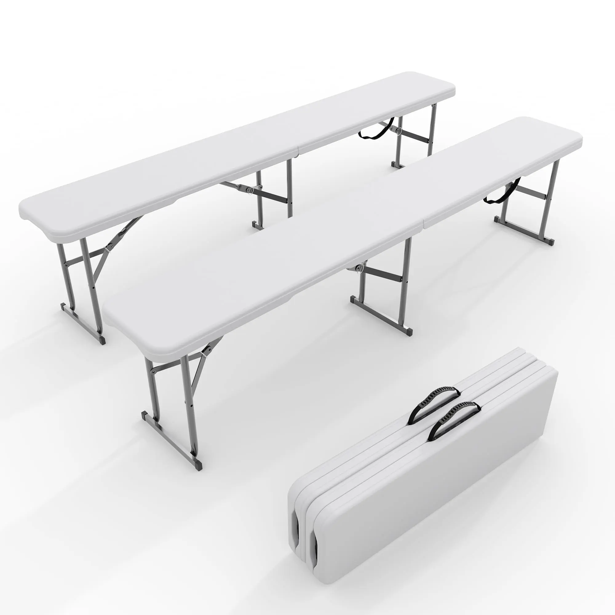 2-Pack Collapsible Portable Folding Plastic Benches - 6-ft HDPE Benchtop, Carrying Handle, Weatherproof Indoor Outdoor Furniture for Picnic, Church, Weddings (Seats 3-4 Persons)