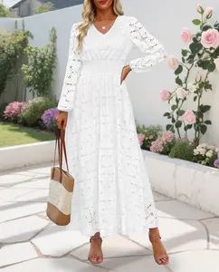 Women's Long-sleeved Dress, Hollow-out Embroidery, V-neck, Floral Lace, Long Dress with Double Side Pockets, Suitable for Parties And Weddings.