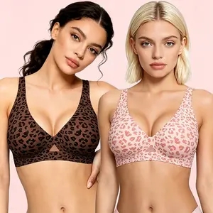 【SummerVibes】Obind Women's Leopard Print Jelly Bra — Wire-free breathable mesh triangle cup design  softcomfortable  and lifting  seamless T-shirt bra  deep V-neck everyday lingerie