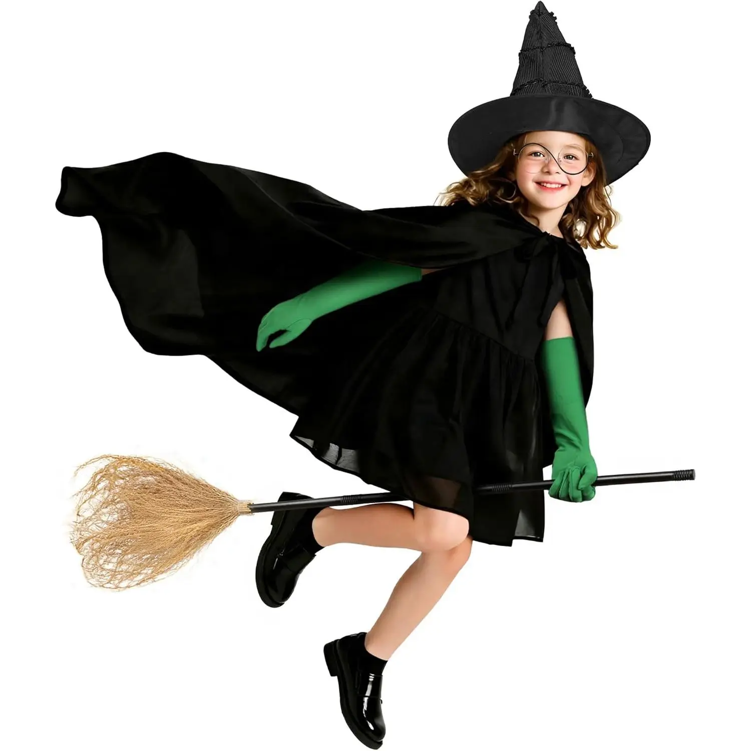 5 Pcs Wicked Kid Witch Costume Green Halloween Cosplay Accessories Girl Witches Hat, Black Cape, Round Glasses,Green Gloves,Witch's Broom